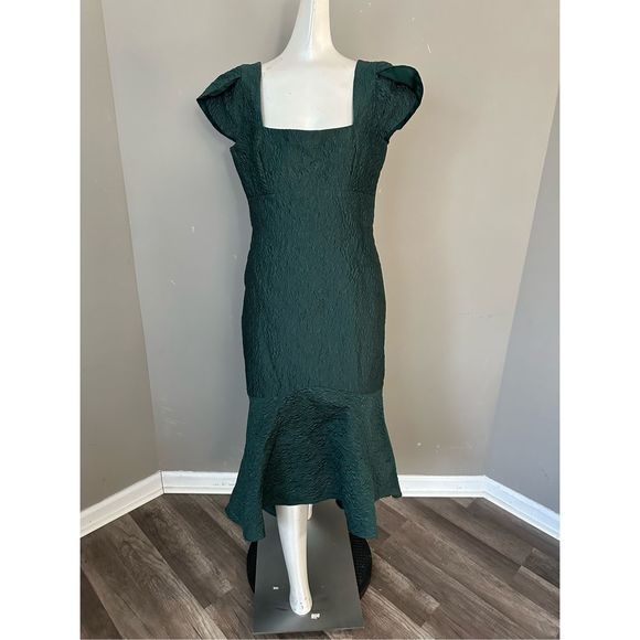 Theia Dark Green Textured Midi Dress - Picture 5 of 11